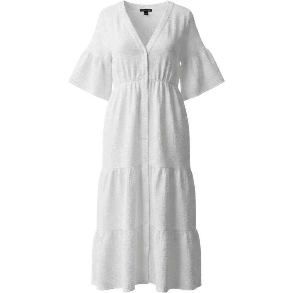 Saks Fifth Avenue White Cotton Gauze Tiered Midi Dress V-Neck Bell Sleeve Large